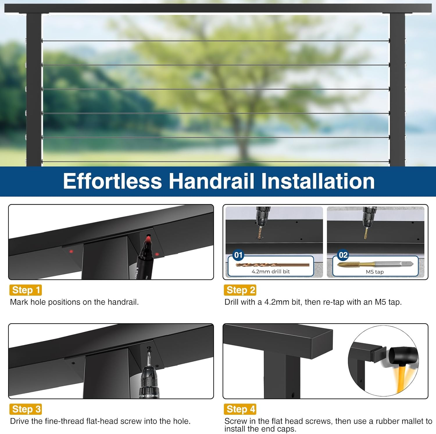8Ftx2Inx1In Black Cable Railing Handrail 2 Pack, Stainless Steel T304 Rectangula