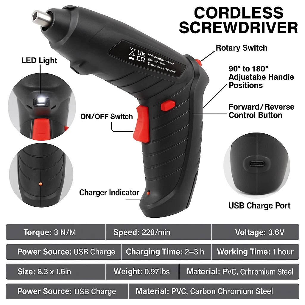 3.6V Cordless Electric Screwdriver Set USB Charging 3Nm Screw Gun With LED Light