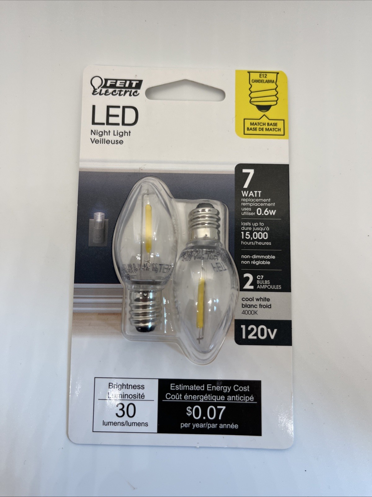 BPC7/LED 0.6 Watt Non Dimmable C7 Candelabra Base, 2 Count (Pack of 1) Clear