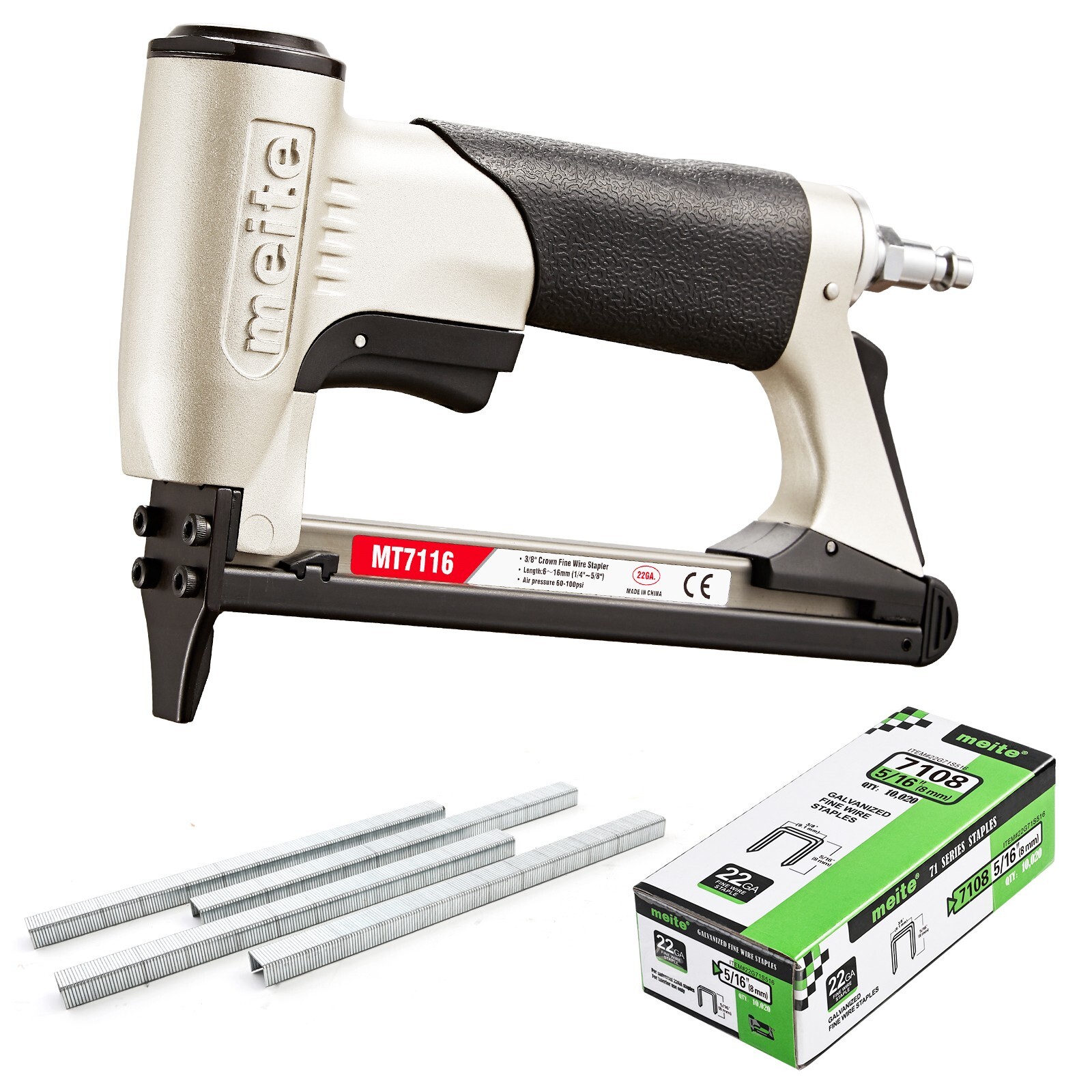 meite MT7116 22GA 3/8” Crown Pneumatic Fine Wire Upholstery Stapler with Staple