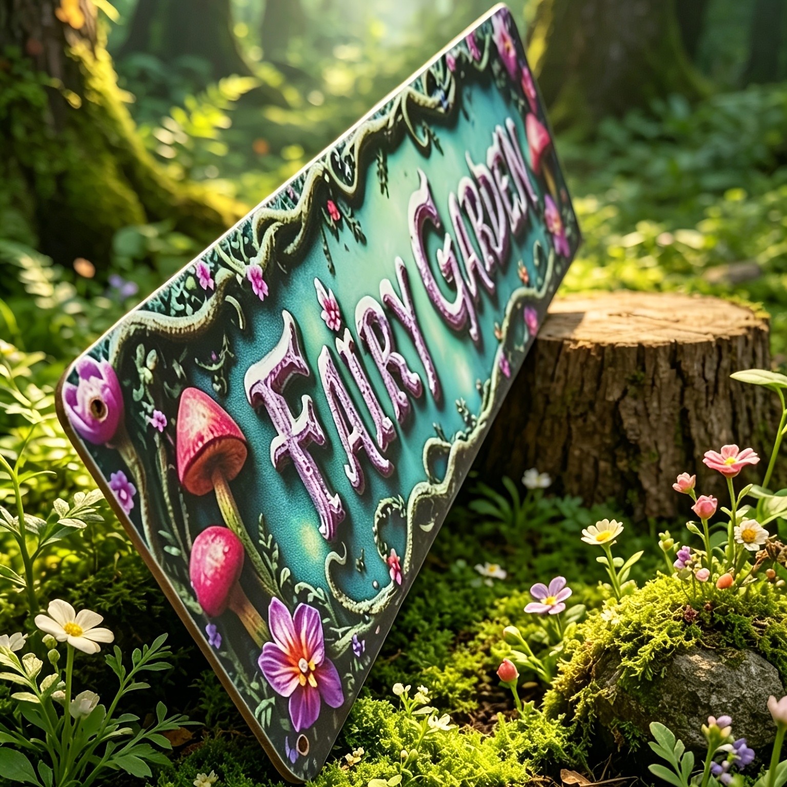 Fairy Garden Mushroom Floral Metal Sign Enchanted Green Wall Art Decor Plaque