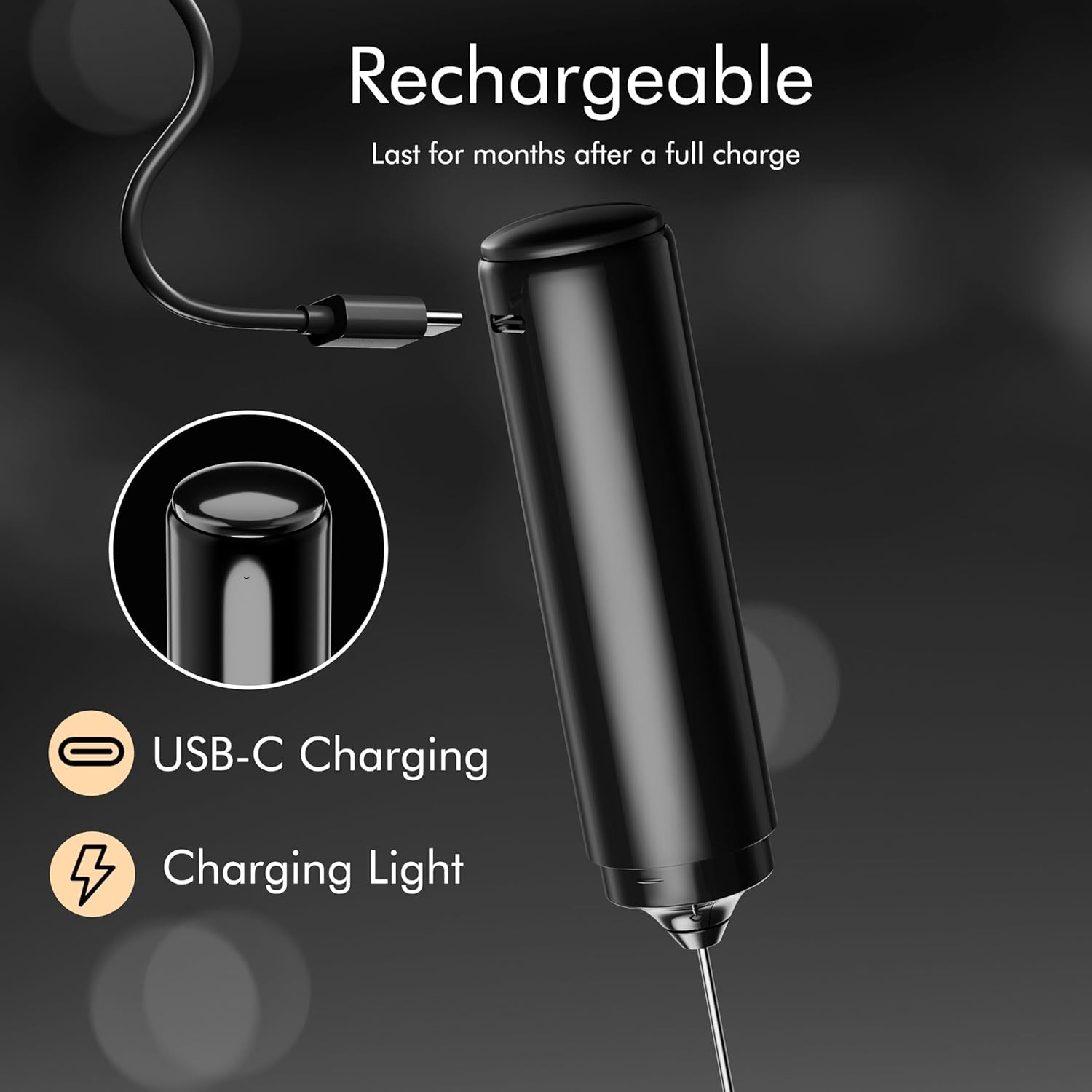 Rechargeable Handheld Milk Frother 2-IN-1 Dual Spring Electric Wand for Latte