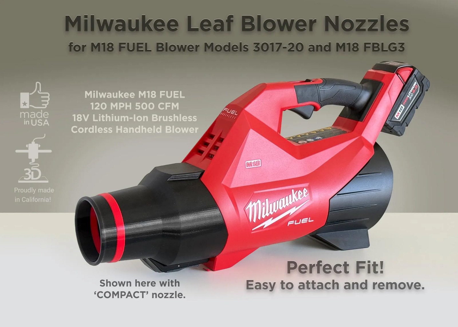 Slender Slim Nozzle for Milwaukee Cordless Leaf Blowers models 3017-20 and M18