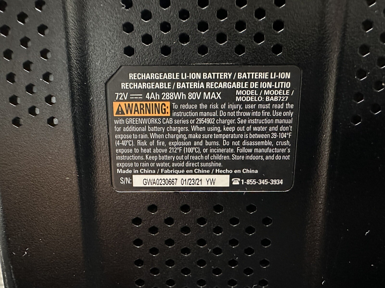GreenWorks BAB727 80V Lithium-Ion Battery 4Ah 288Wh For Parts Only As Is!