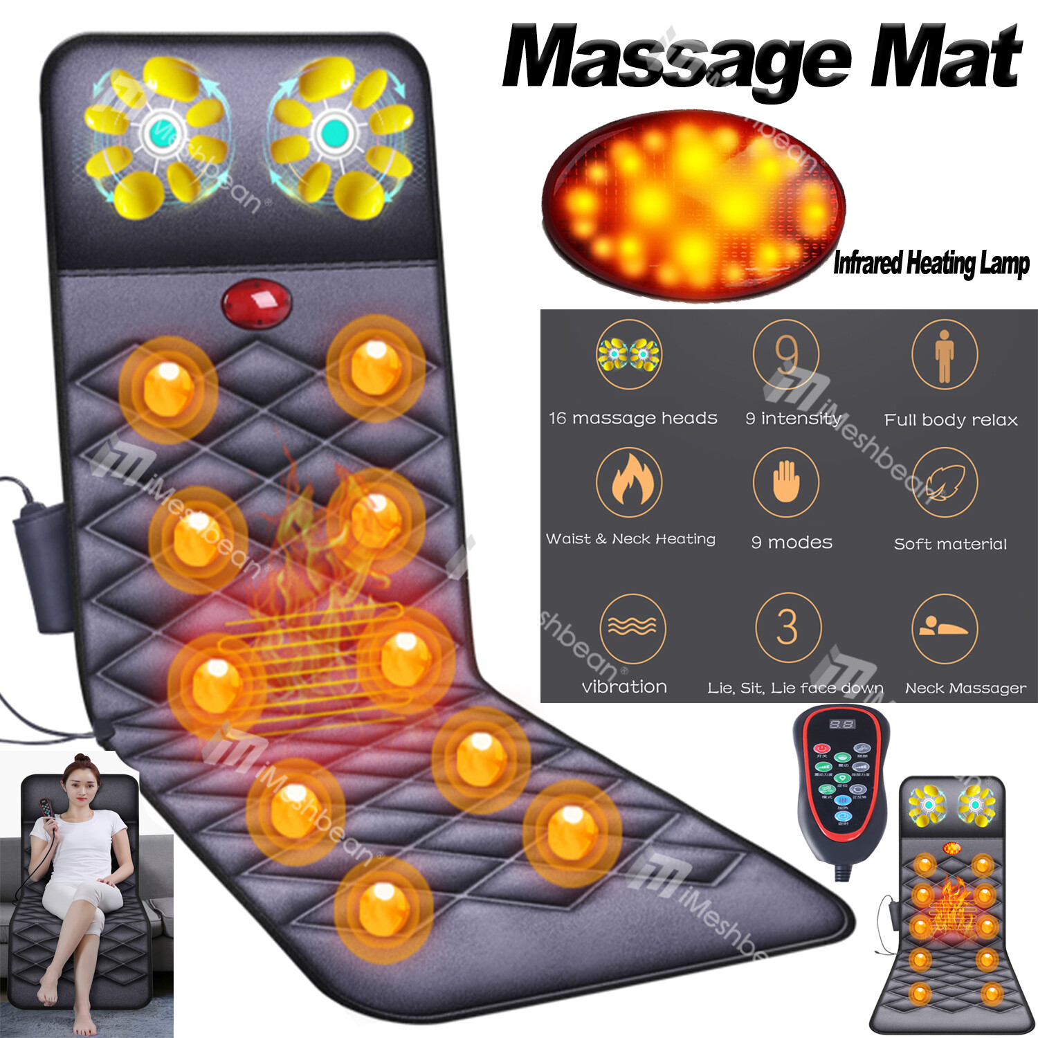 Full Body Vibrating Mat 10 Motor Vibration Massager Kneading Mattress W/ Heat US