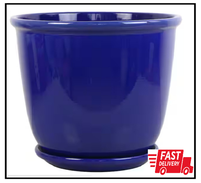 14 In. Delphine Blue Glazed Plastic Planter (14 In. D X 12 In. H) with Drainage