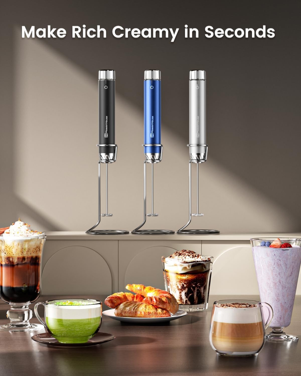 Rechargeable Milk Frother with Stepless Speed Control, Handheld Electric Foam…