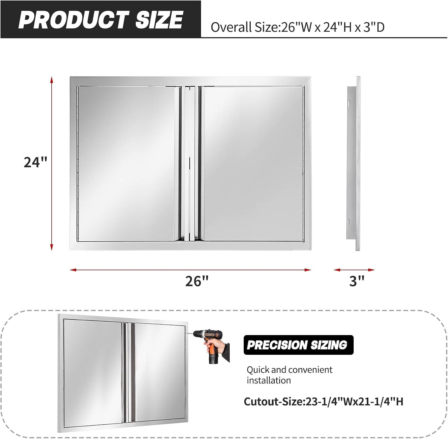 26W 24H inch Stainless Steel Outdoor Kitchen Single Handleless BBQ Door