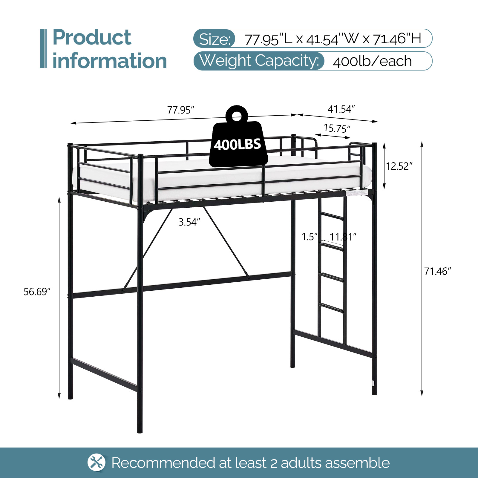 Loft Bed Twin Size with Flat Ladder Rung for Kids Teens Adults Heavy Duty Metal