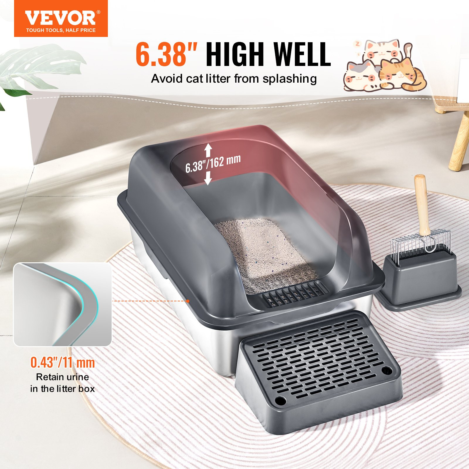 VEVOR Cat Litter Box, 6 inches Deep, XL Extra Large Stainless Steel Cat Litter B