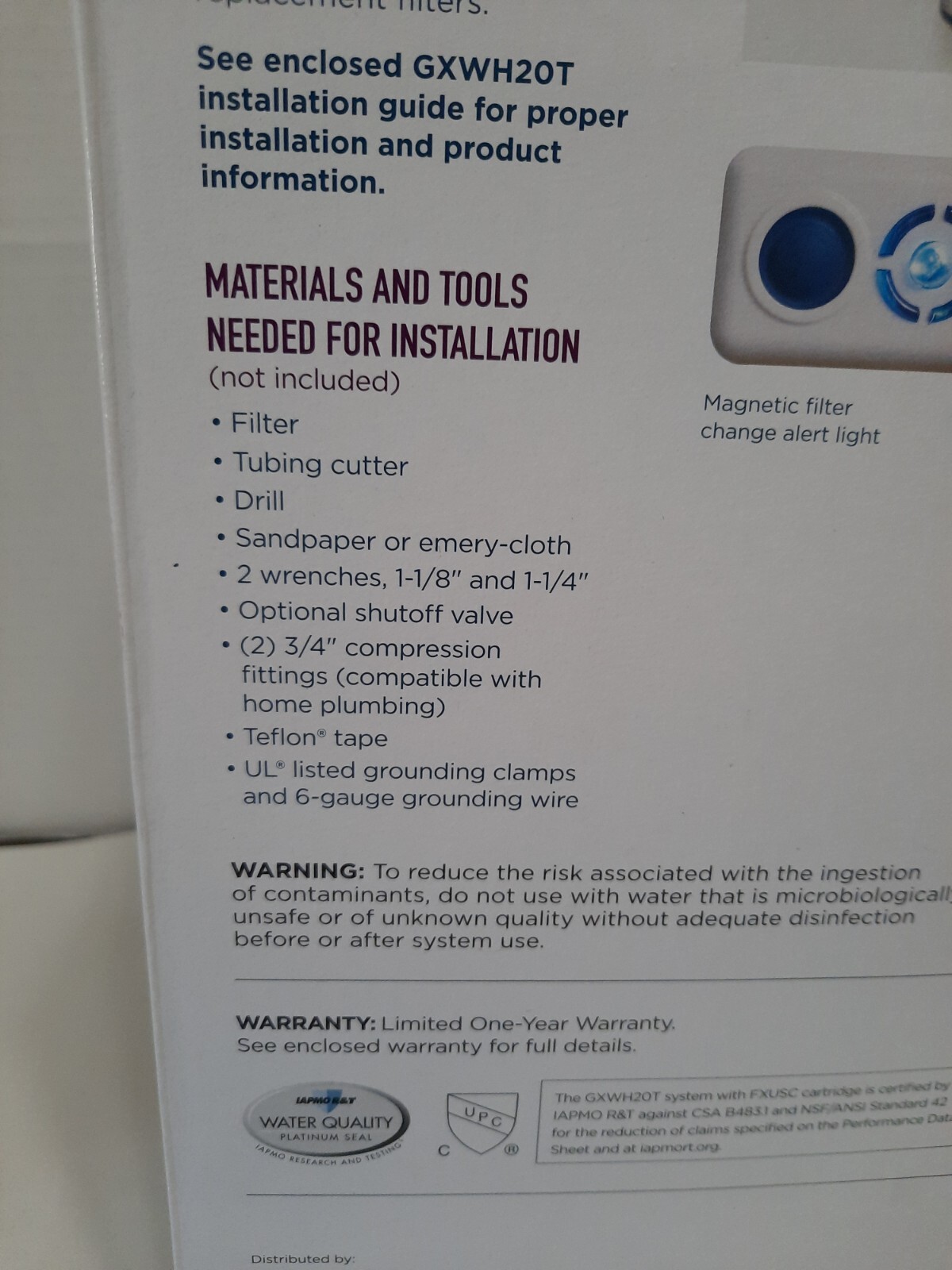GE High Flow Whole House Water Filtration GXWH20T Reduces Chlorine Taste / Odor