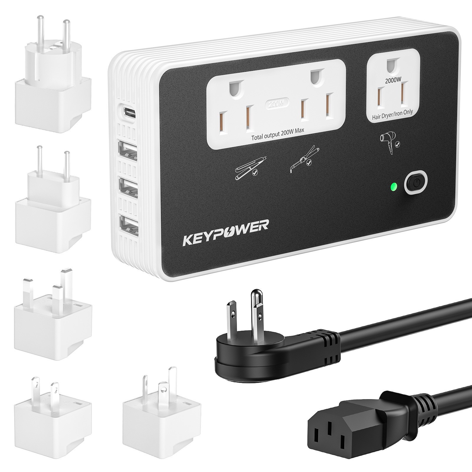 Universal 2000W Step Down 220V to 110V travel voltage converter with USB C Ports