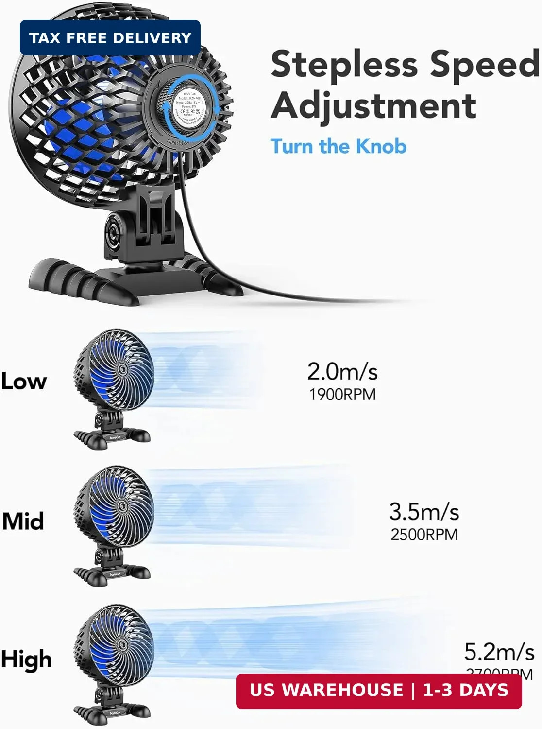 USB Desktop Small Fan, Stepless Speed Adjustment with Multiple Speed Levels, Por