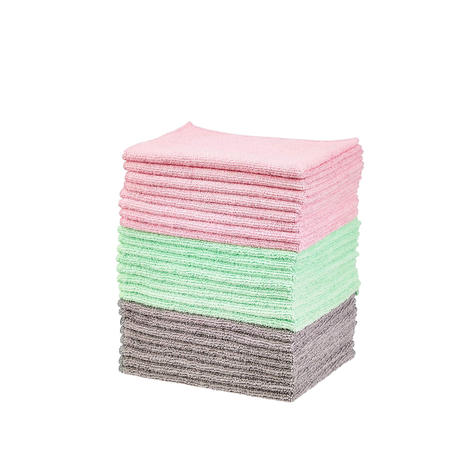 Amazon Basics Microfiber Cleaning Cloths, Ultra-Soft 24-Pack, Green/Gray/Pink