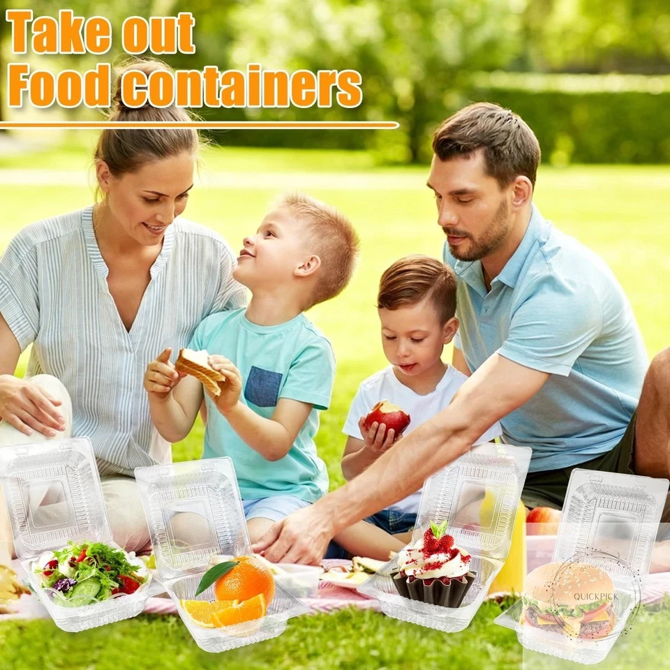 100 Pack Clear Plastic Square Hinged Food Clamshell Container,Disposable To Go
