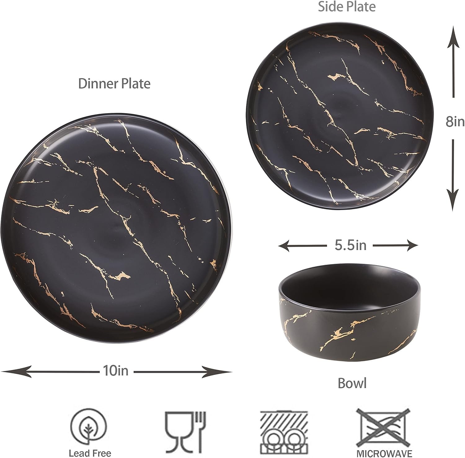 Pokini Black Gold Splash Dinnerware Sets, Marble Porcelain Plates and Bowls S…
