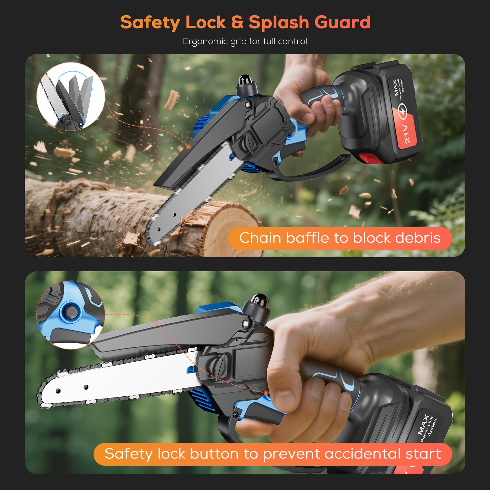 6 Inch 21V Cordless Mini Chainsaw, Handheld Electric Chain Saw for Wood Cutting