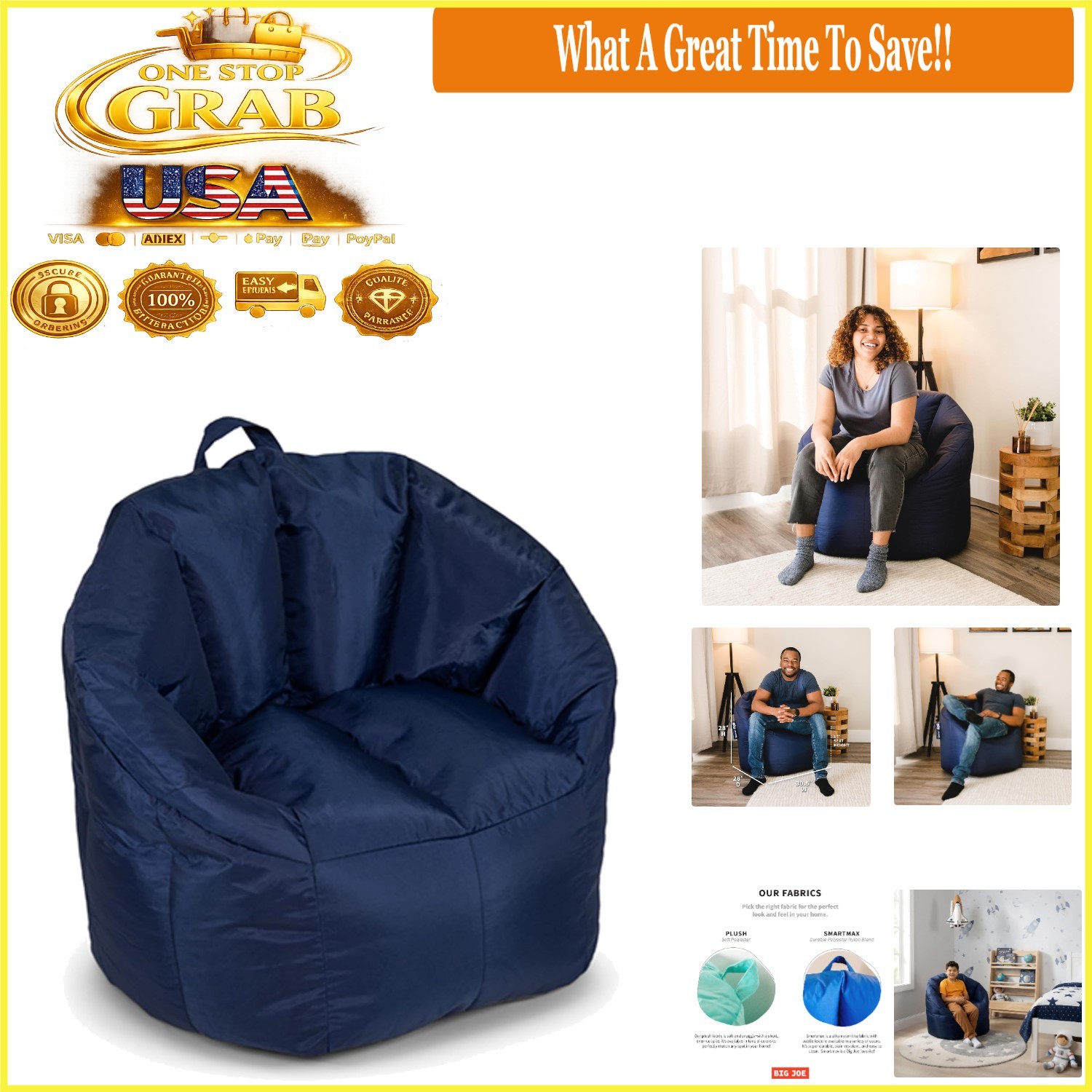 Milano Navy Bean Bag Chair for Adults Kids Teens Indoor Relaxation
