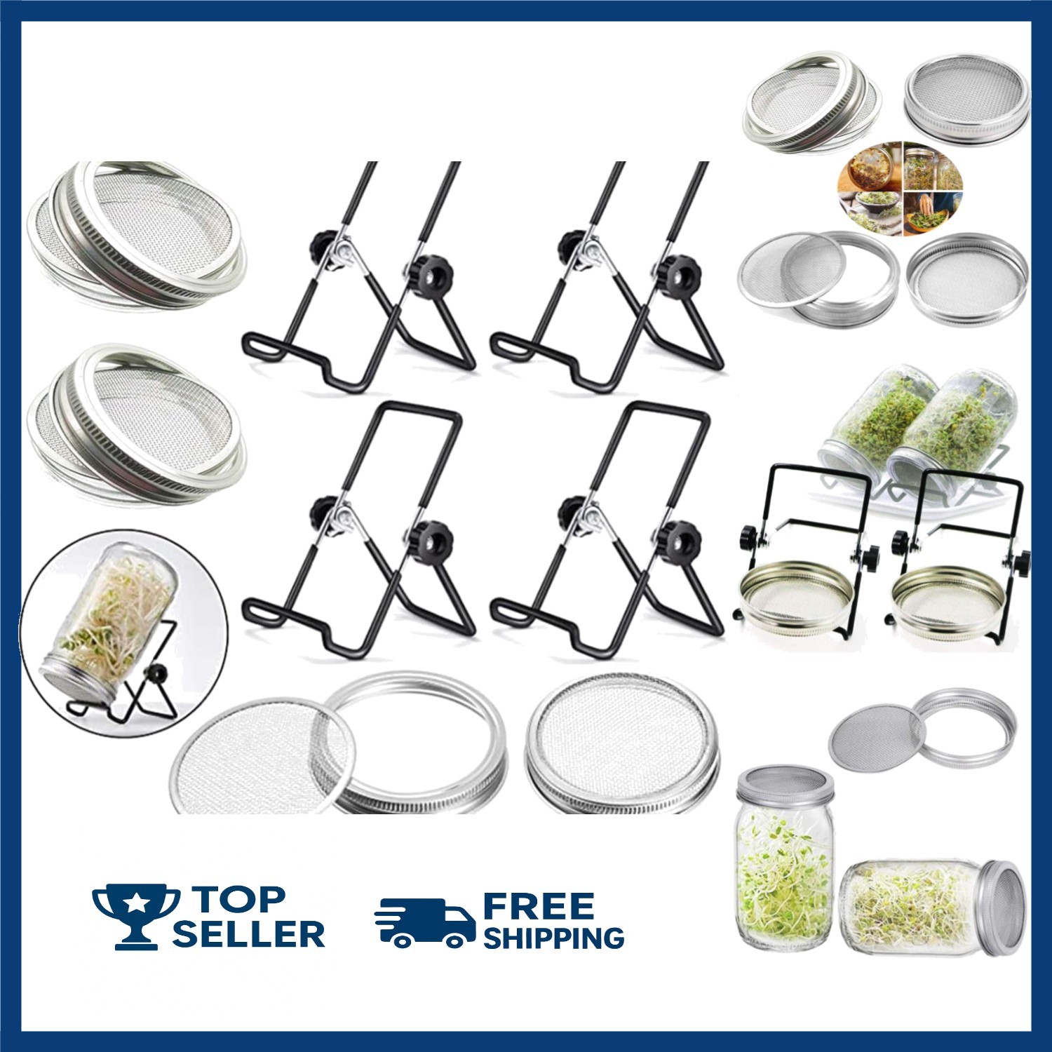 Sprouting Jar Lid 32oz Glass Jars with 4 Pack Stainless Steel Sprouting Stand…