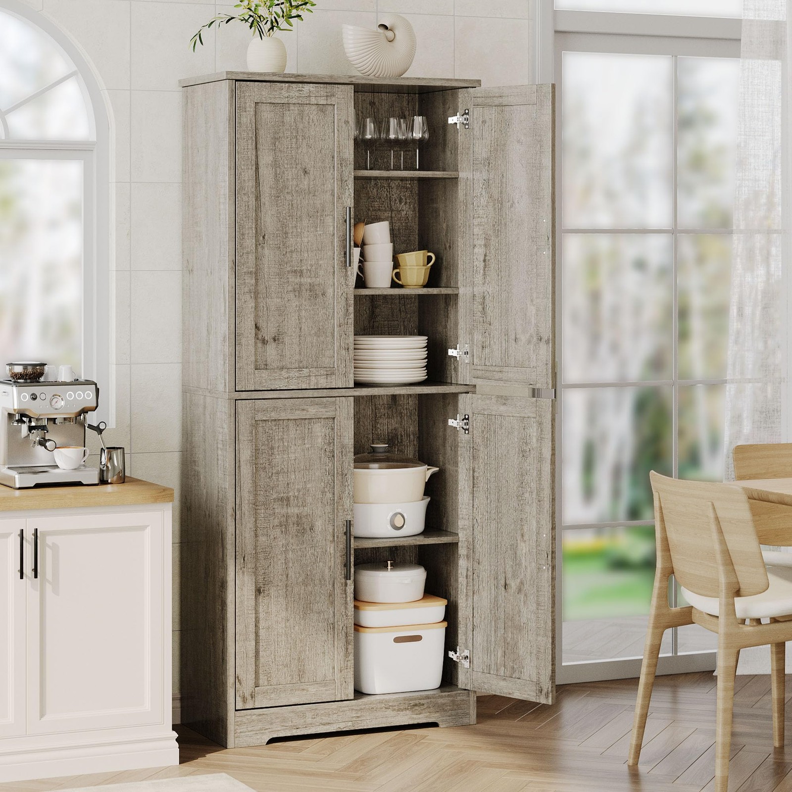 70″ Tall Kitchen Pantry Cabinet Storage Cabinet W/ 4 Doors & Adjustable Shelves