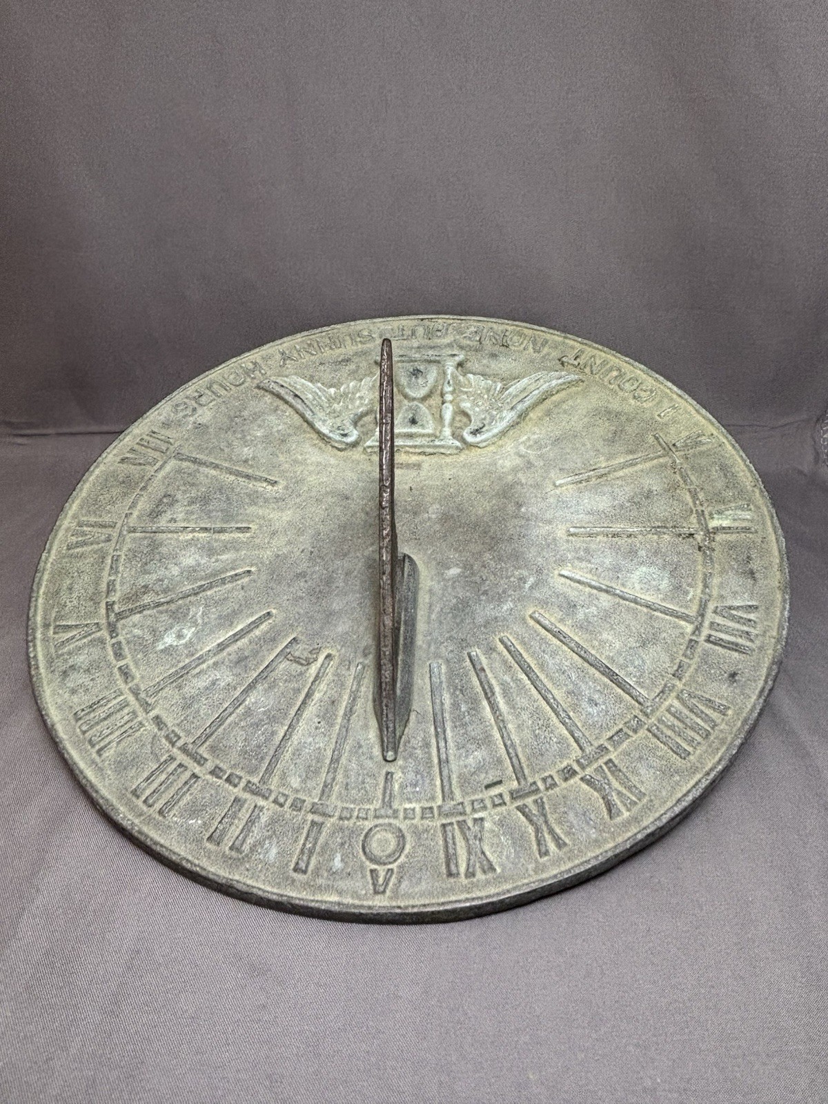 VTG BRASS 9” Sundial I Count None But Sunny Hours Winged Hourglass Garden Patina