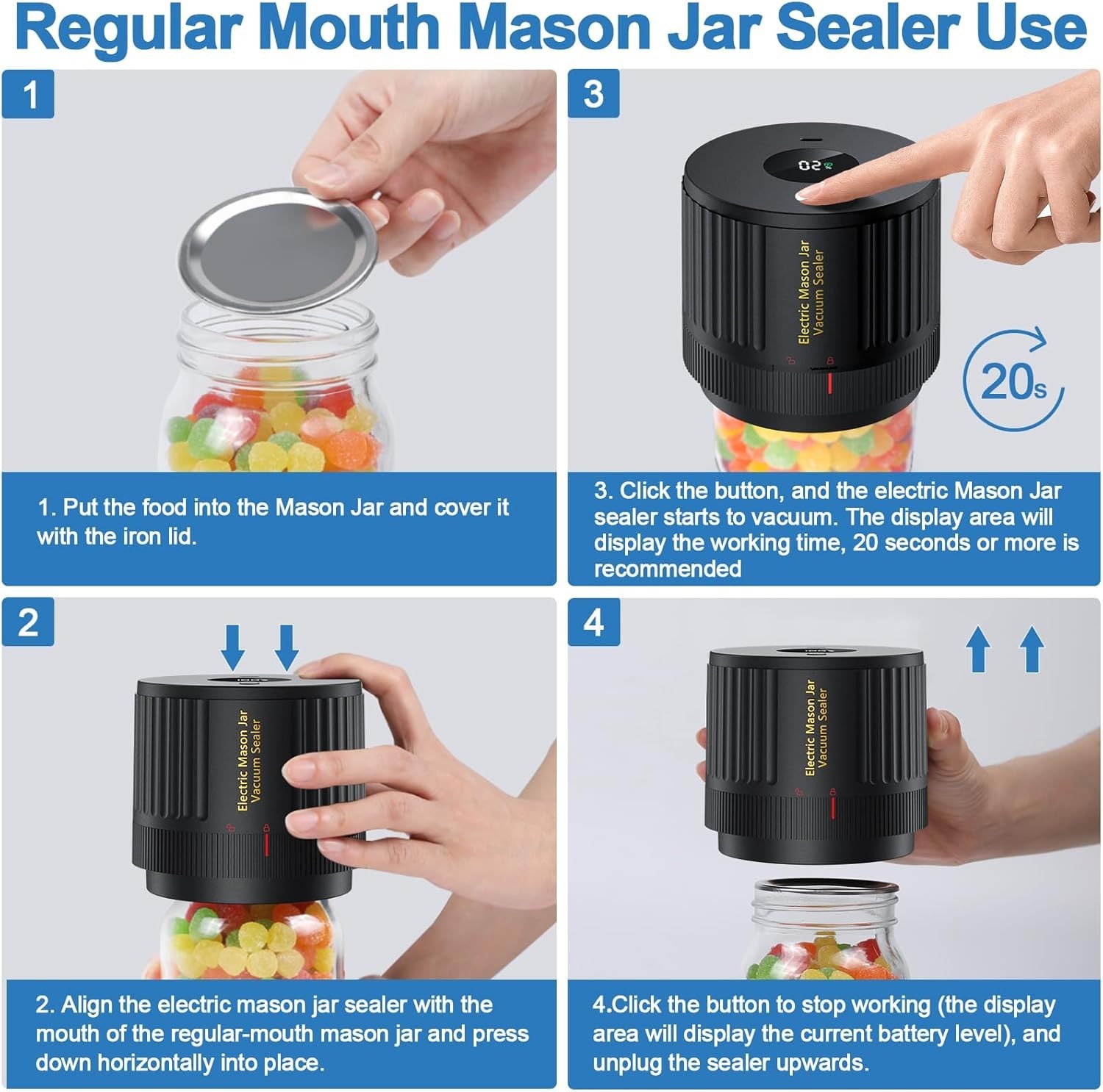 Electric Mason Jar Vacuum Sealer Kit Wide & Regular Mouth for Mason Jars Lid