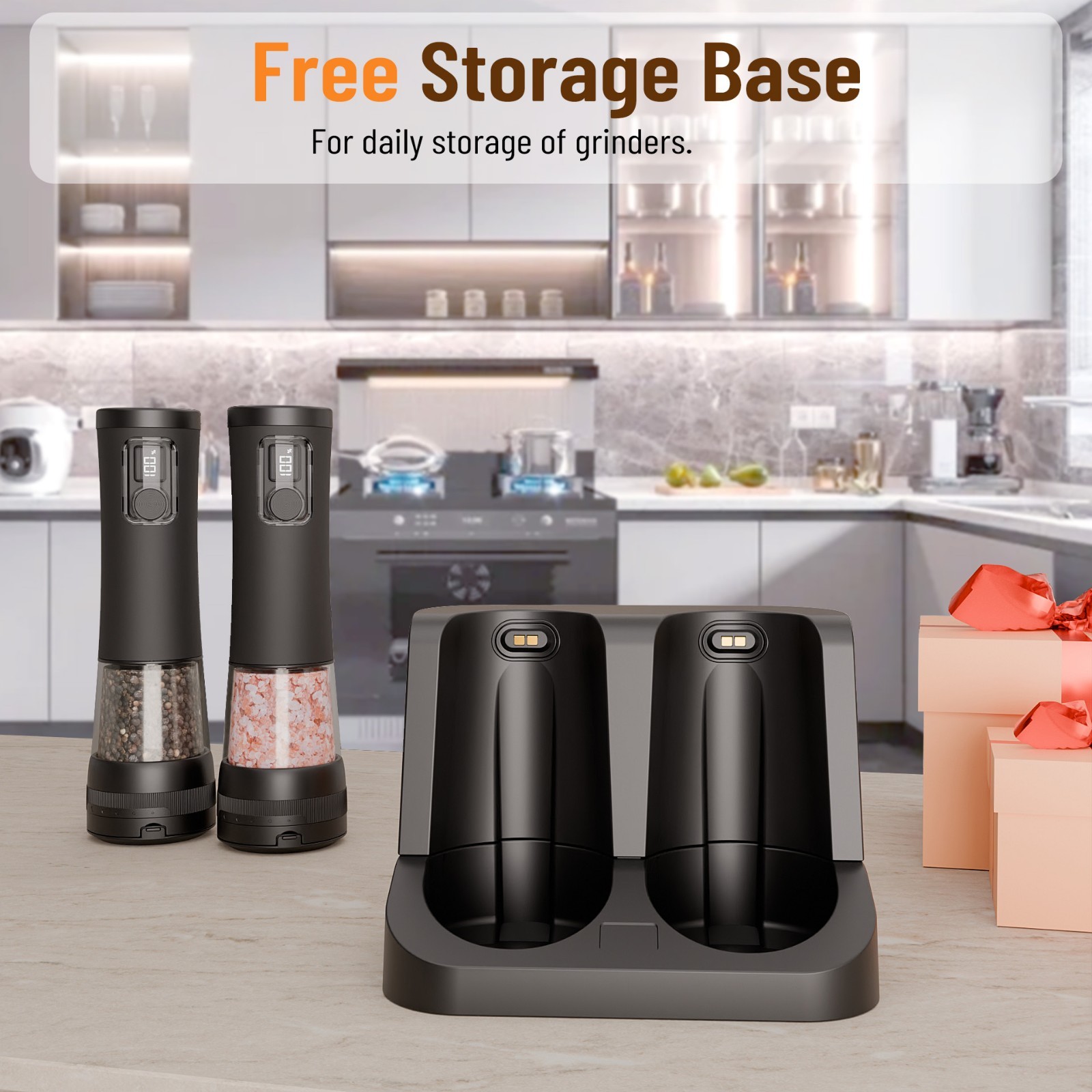 Electric Salt Pepper Grinder Set, Rechargeable Base, Adjustable Coarseness, 2PCS