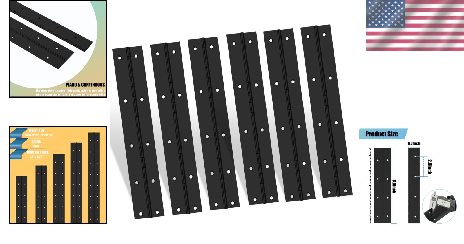 Durable 6-Inch Black Piano Hinge Set – 6PCS Stainless Steel 304 for Furniture