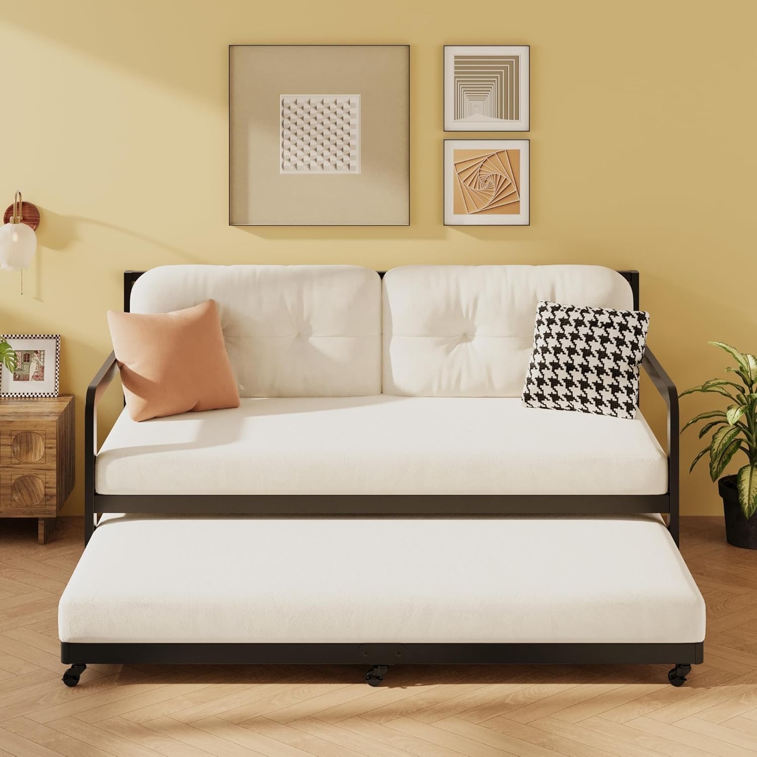 Trundle Bed Twin with 6 Lockable Casters, Roll Out Twin Trundle Bed Frame wit…