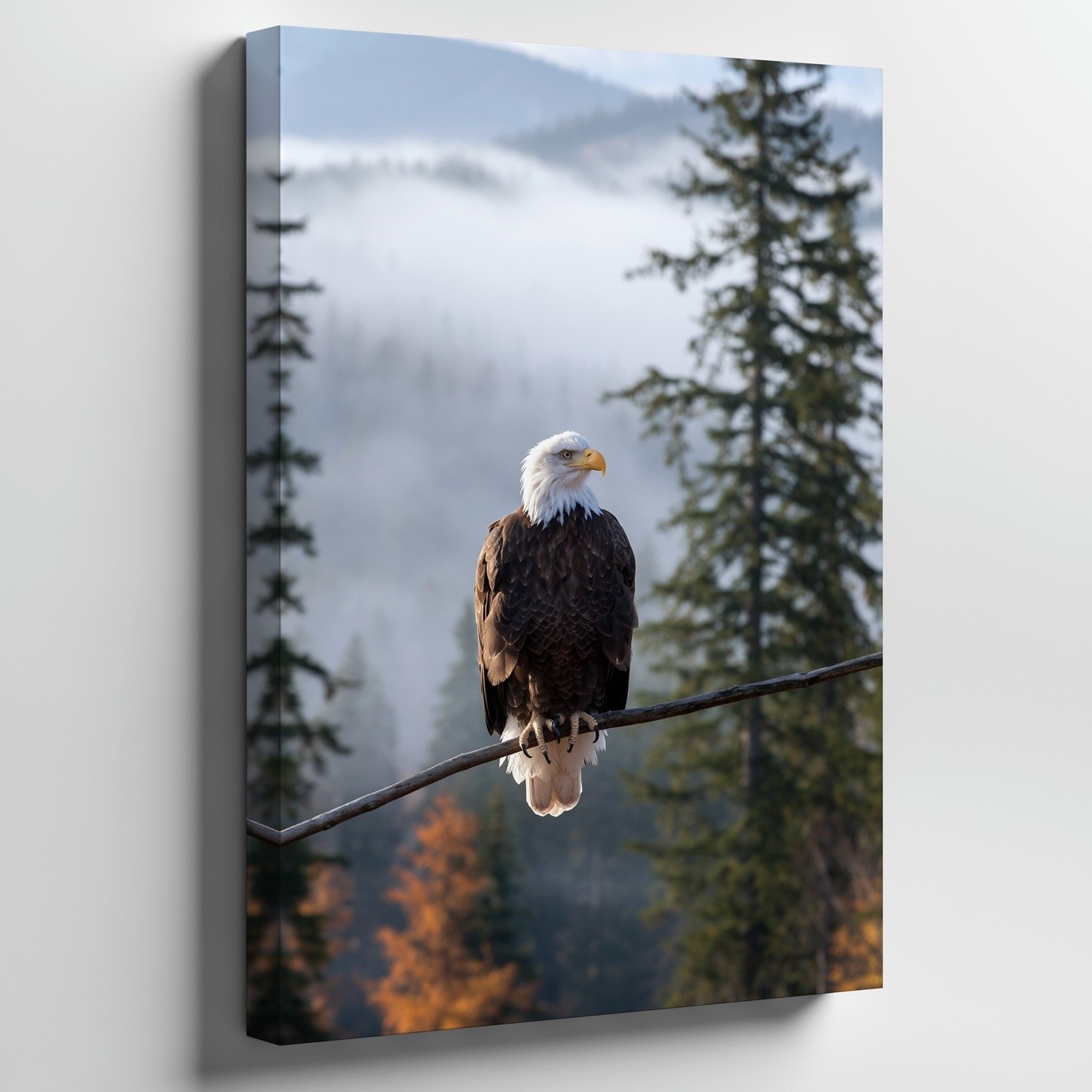 Wall Art Majestic Bald Eagle Perched On A Slender Branch, Overlooking A Misty