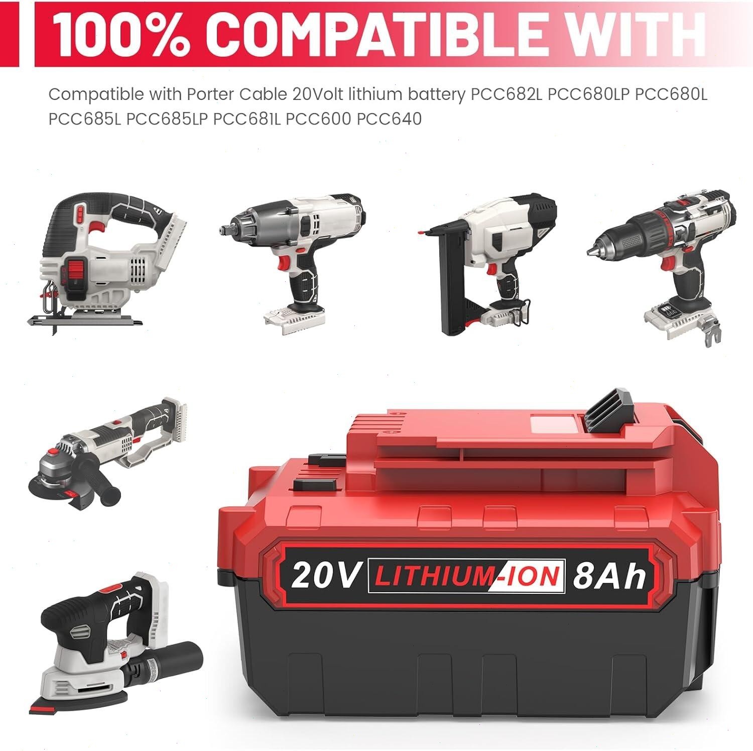 2P For Porter Cable 20Volt Lithium-Ion Battery PCC681L PCC685L 20V MAX 8000mAh