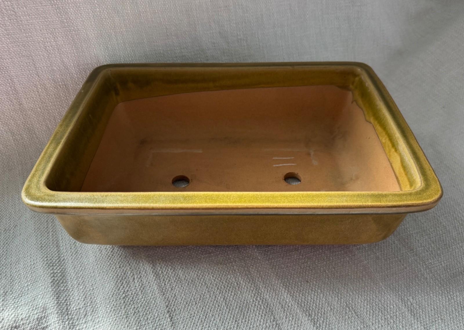 LARGE vintage Japanese rectangle bonsai pot 12.75” x 9” RARE green-yellow glaze