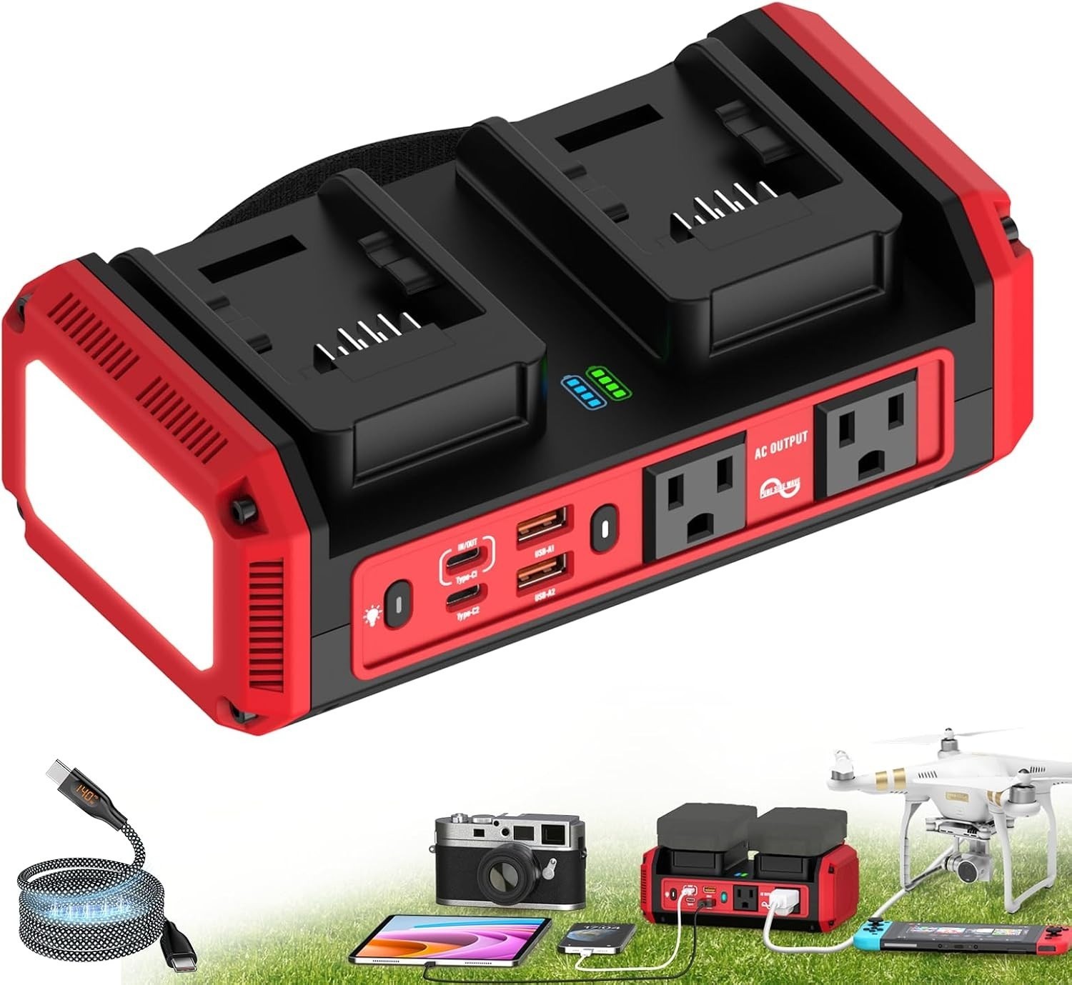 350W Pure Sine Wave Inverter for Milwaukee 18V Battery 140W PD USB-C AC Outlet