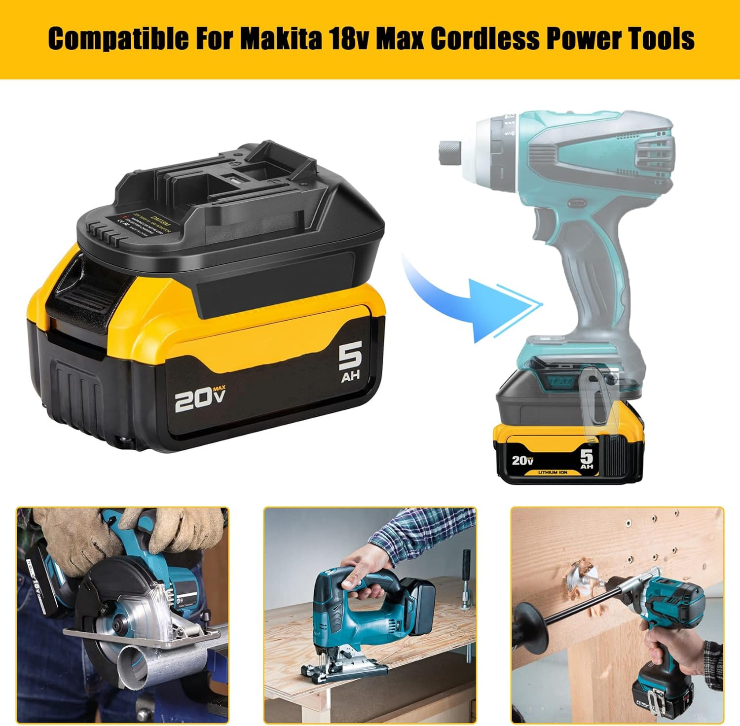 USB Battery Adapter Converter for Dewalt 20V Milwaukee 18V Convert to Makita 18V