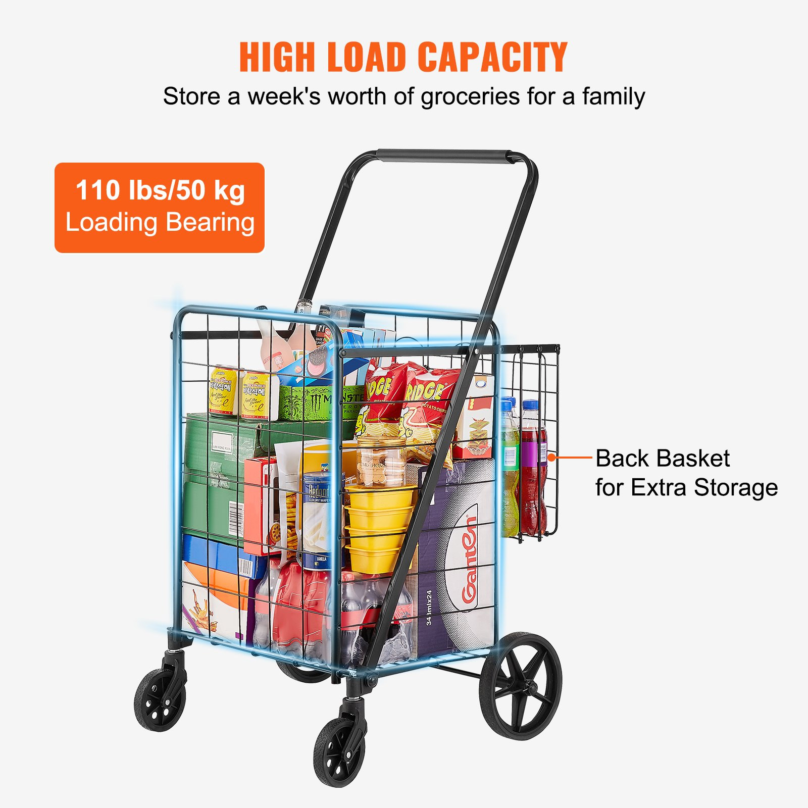 VEVOR Folding Shopping Cart, Jumbo Grocery Cart with Double Baskets, 360° Swivel