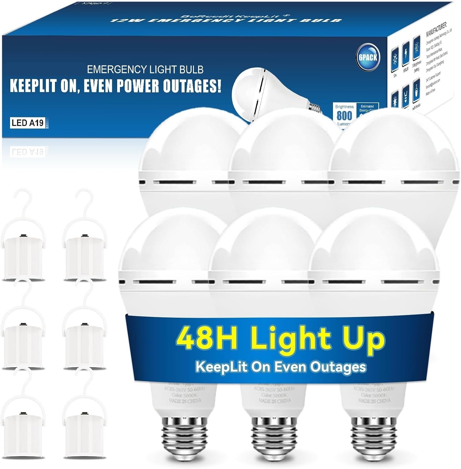10Pack Emergency-Rechargeable-Light-Bulb,6500K LED Light Bulb with 1200 mAh,Hook