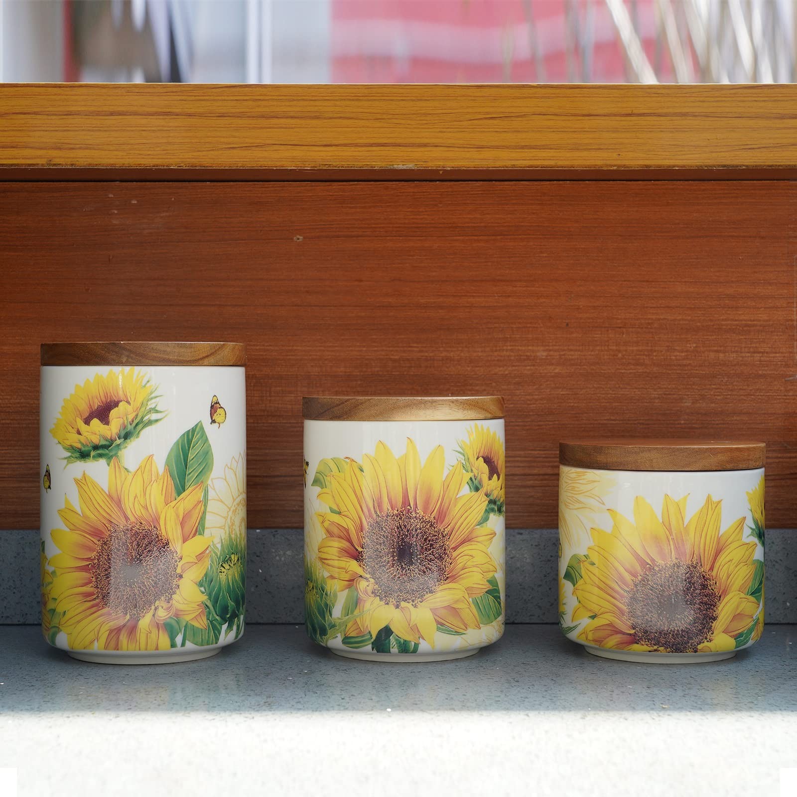 Ceramic Canister Set for Kitchen – Sunflower Design, Tea Coffee Sugar Storage, 3