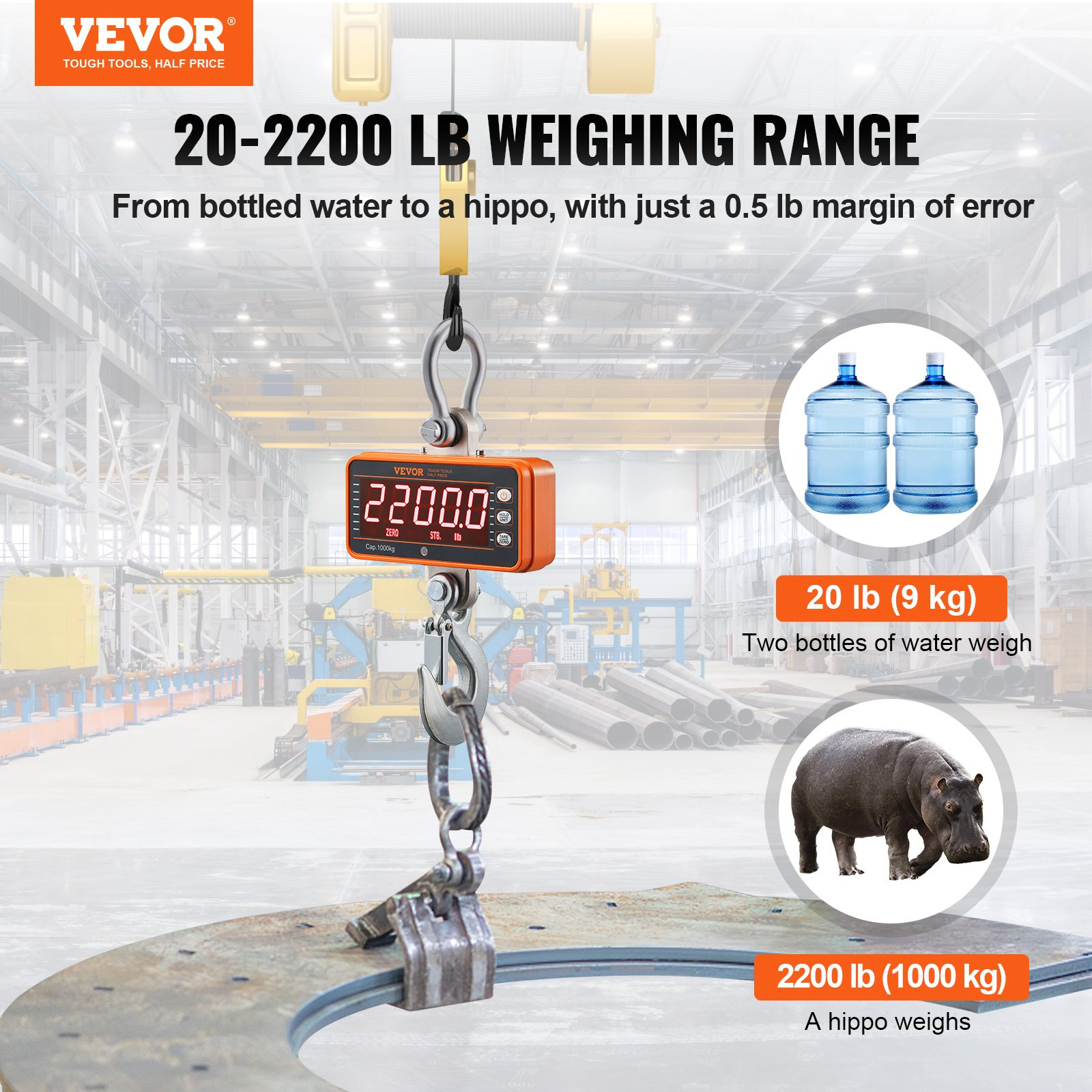 VEVOR Digital Crane Scale, 2200 lbs/1000 kg, Industrial Heavy Duty Hanging Scale