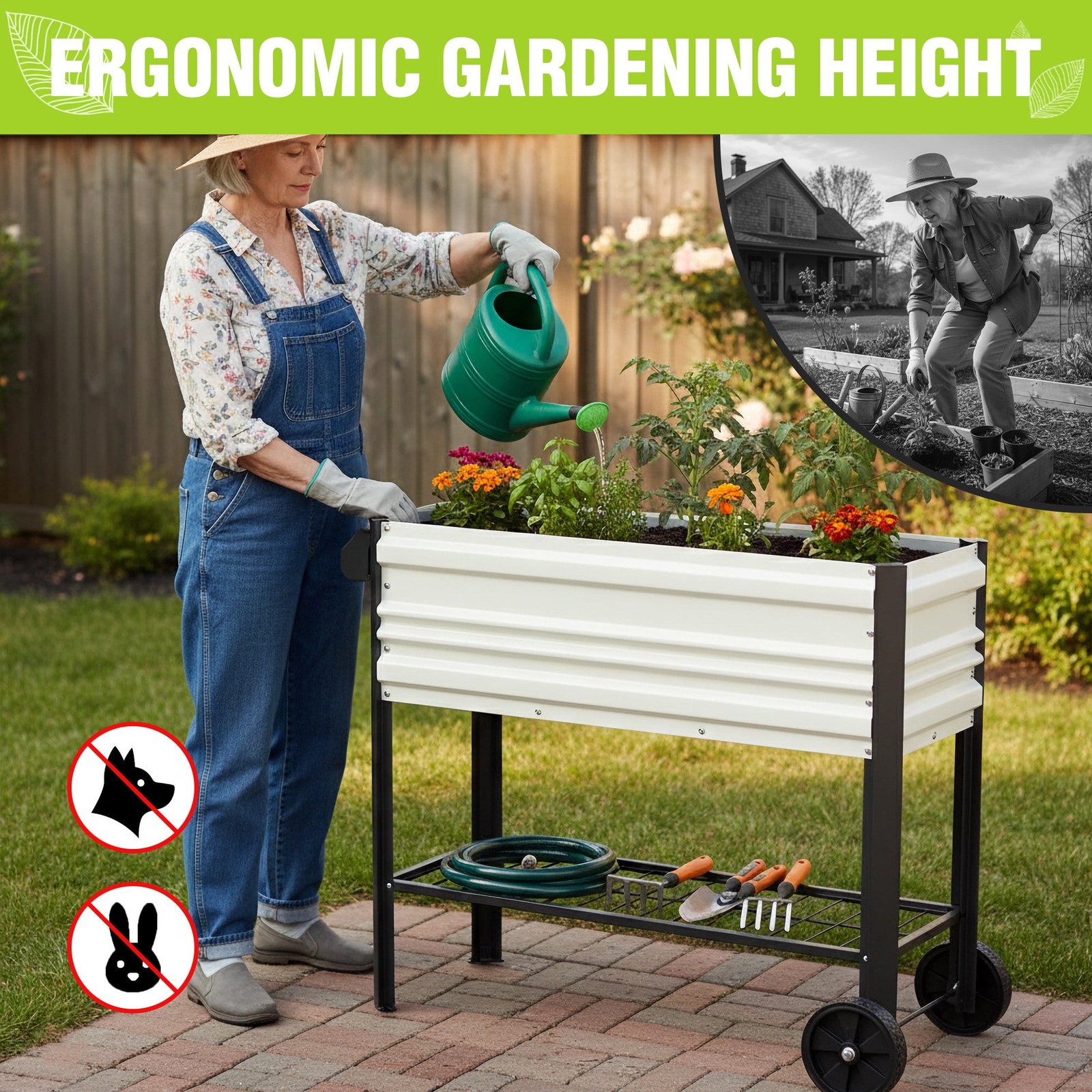 WORKPRO 37in Outdoor Galvanized Raised Garden Bed with Legs and Wheels, White,