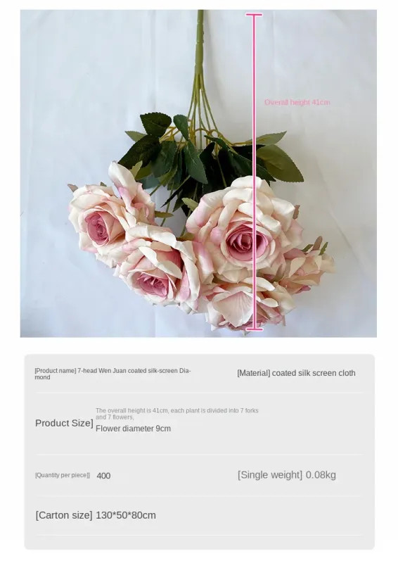 41CM 7 Forks Silk Screen Diamond Rose Artificial Flower Wedding Living Room