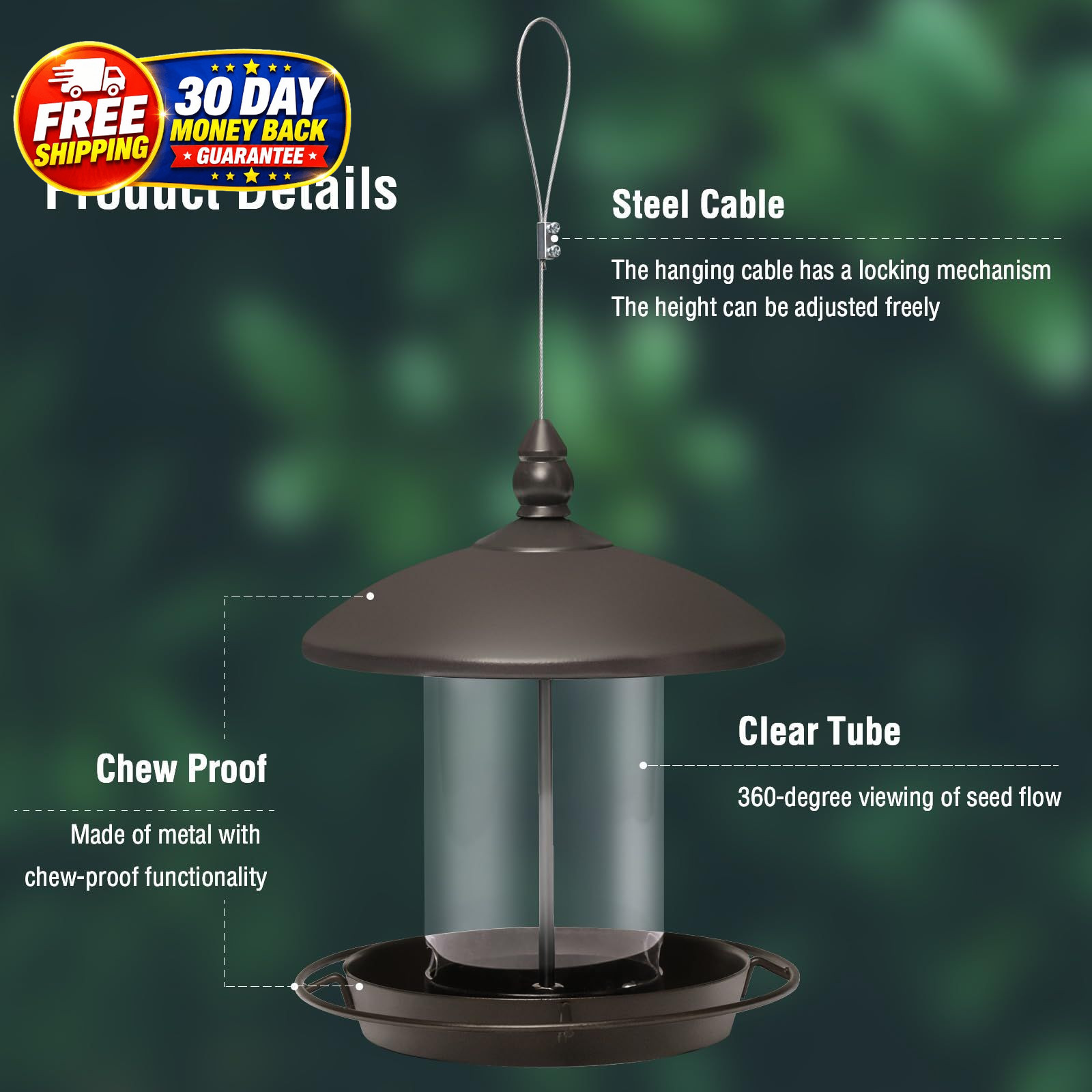 Metal Roof Bird Feeder – Chew Proof for Outdoor Hanging 1.7lb:Bronze