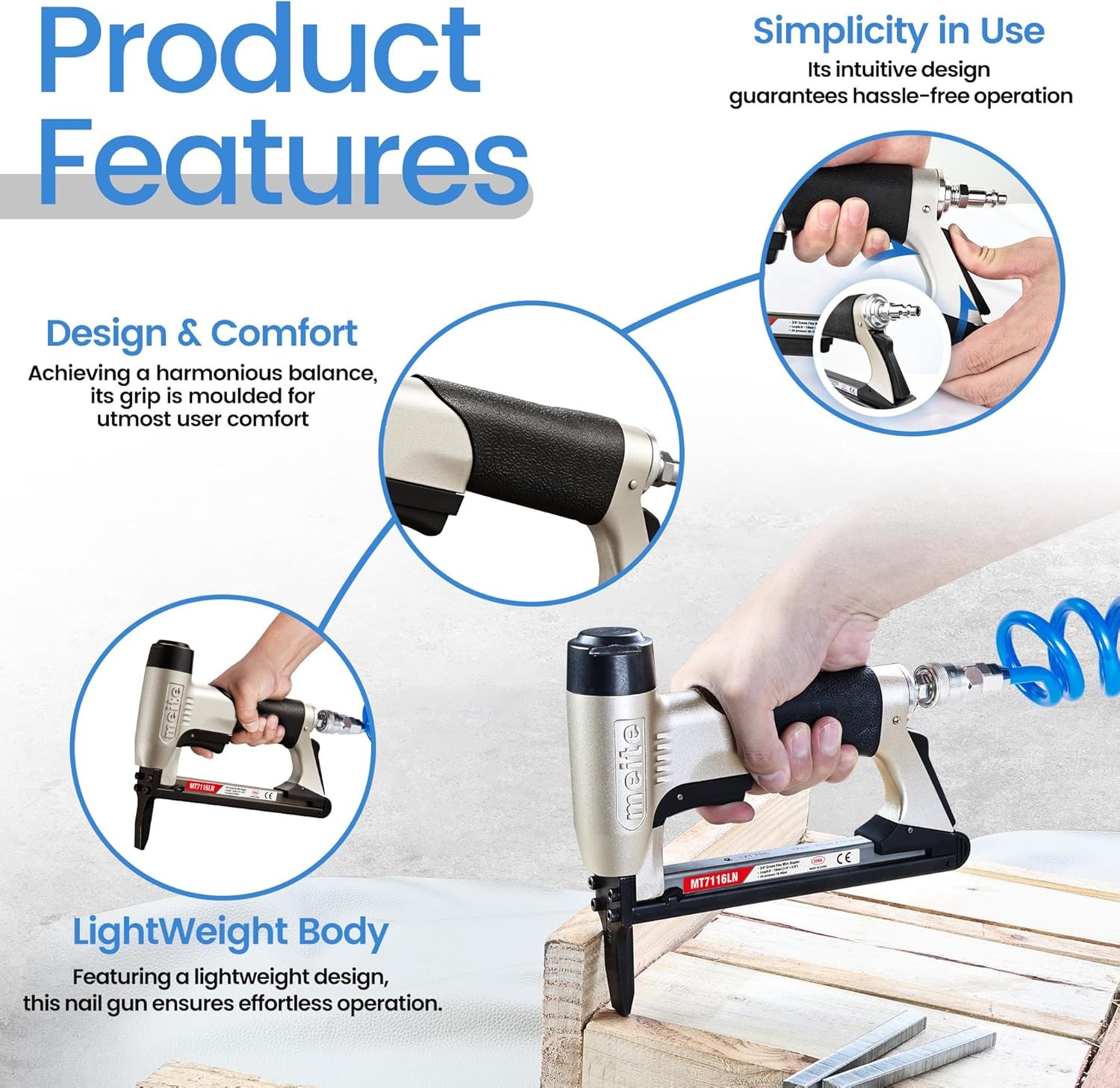 meite MT7116LN 22GA 3/8” Crown Pneumatic Upholstery Stapler with Long Muzzle