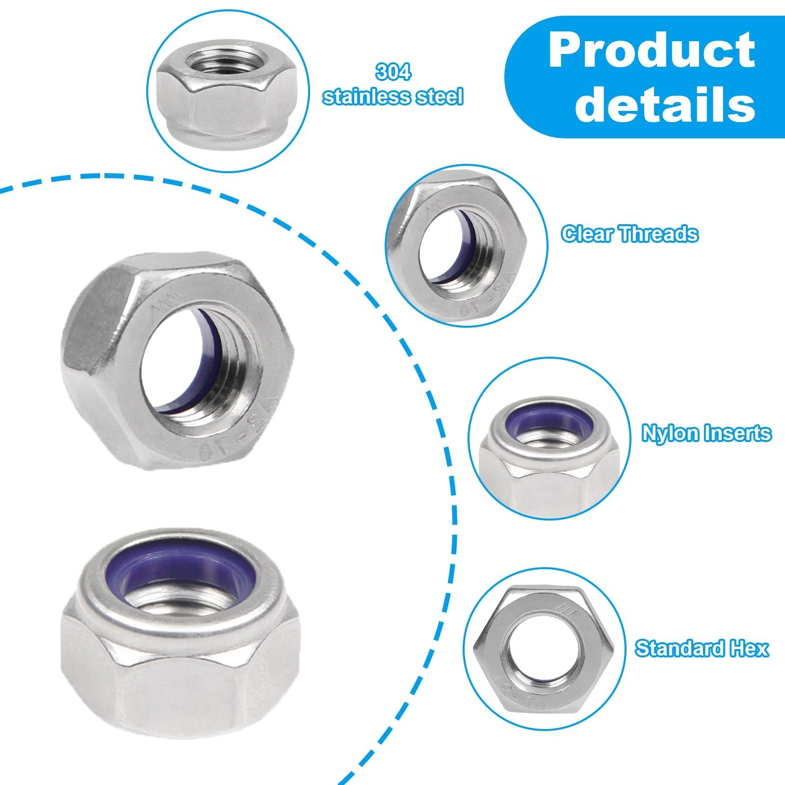 100PCS M6 Locknuts M6x1.0mm Nylon Insert Hex Lock Nuts 304 Stainless Steel Me…