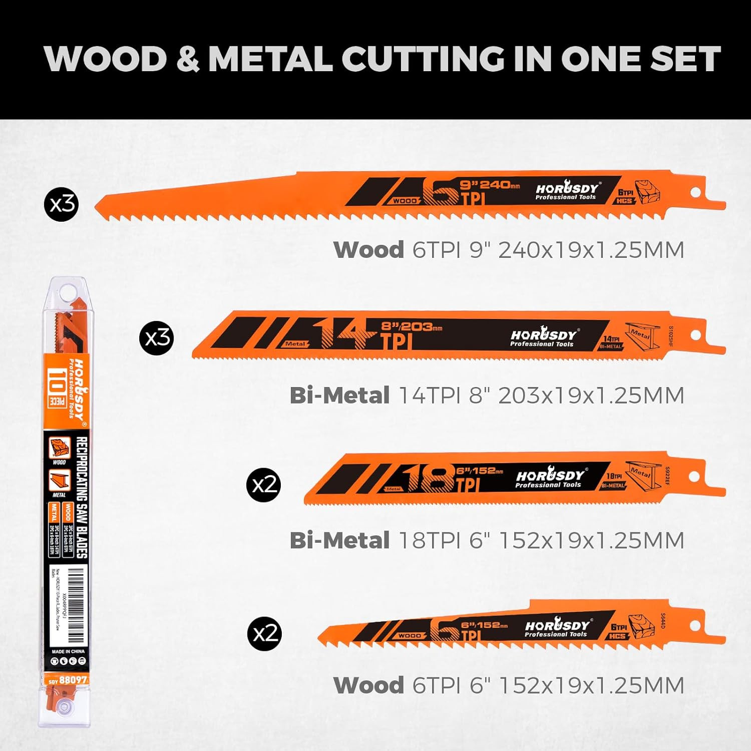 10-Piece Reciprocating Saw Blades Set with Storage Case, 6″ 8″ & 9″ Wood & Metal
