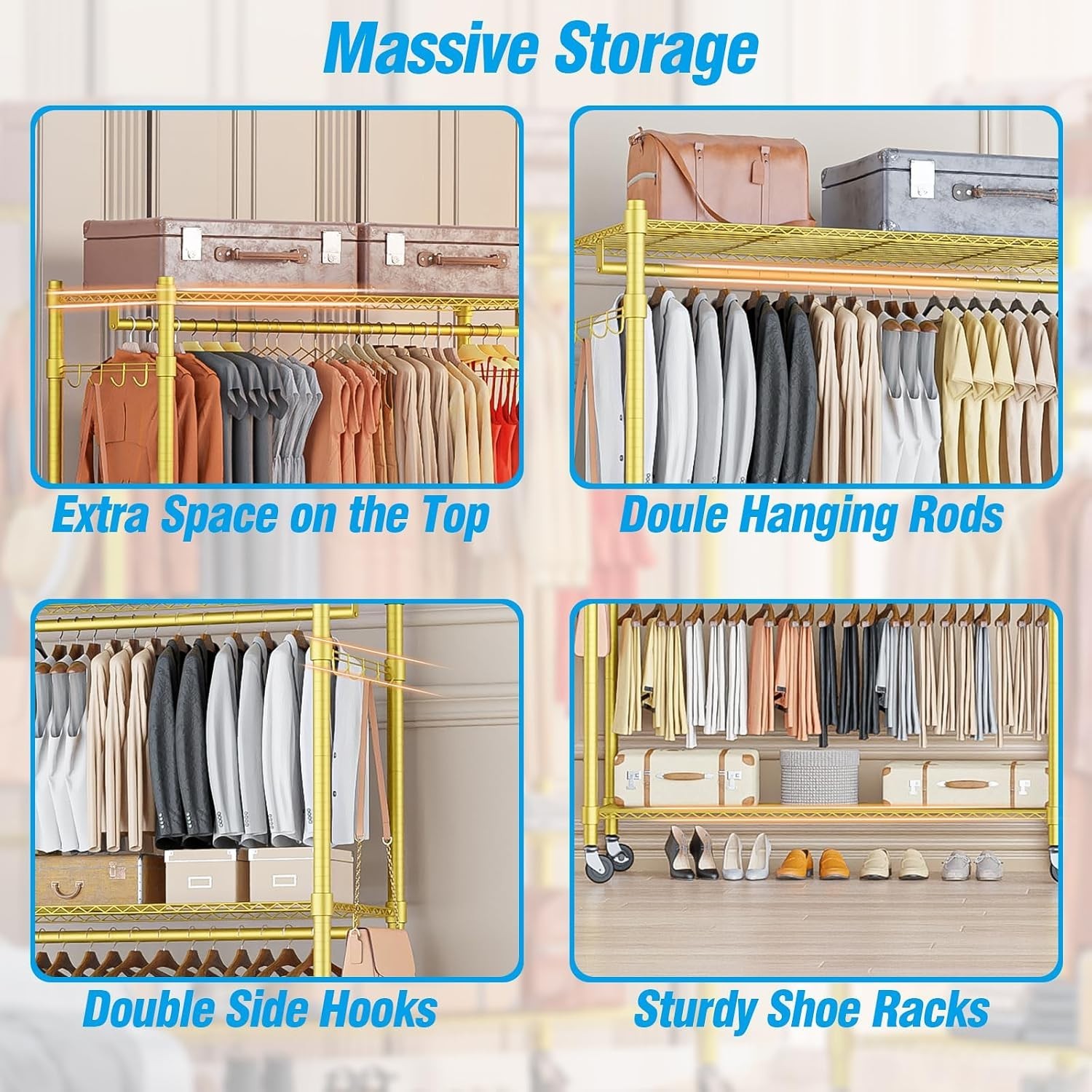 Gold Heavy Duty Clothes Rack with Wheels, 3-Tier Rolling Metal Garment Organi…