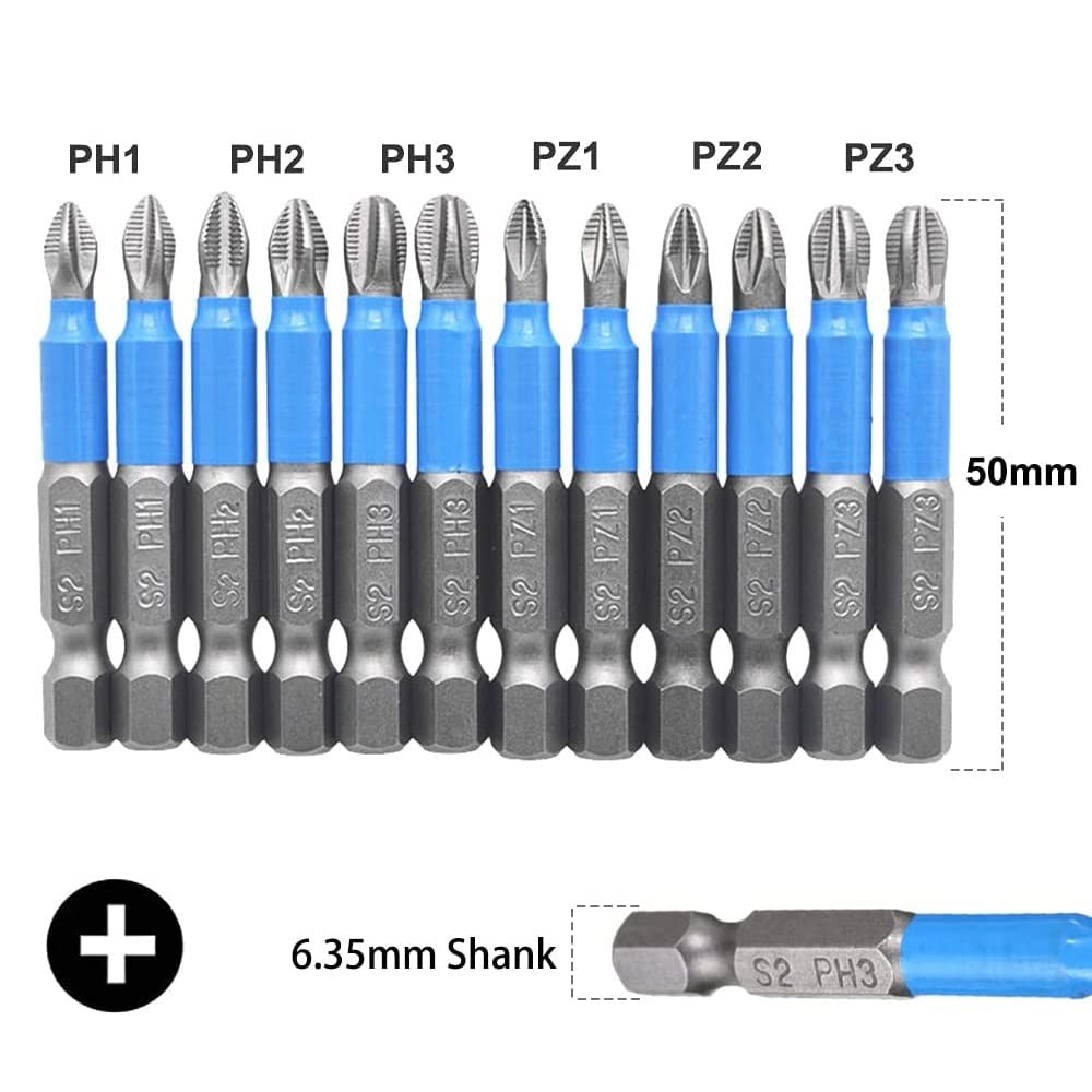 12 Pieces Magnetic Phillips Pozidriv Screwdriver Bit Set 1/4 Inch Hex Shank An