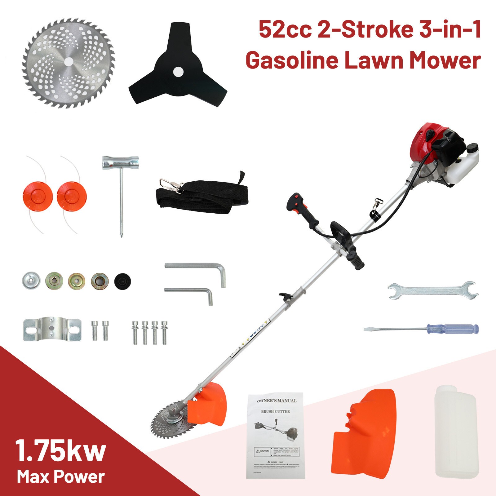 52cc 2-Cycle Gas Grass String Trimmer Straight Shaft Gas Weed Eater Lawn Mower