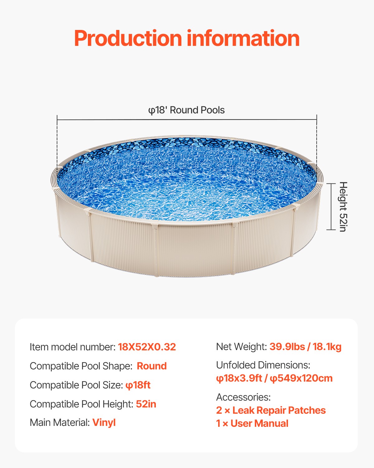 VEVOR Round Pool Liner 18ft Unibead Style Pool Liner 52in Wall Height Durable