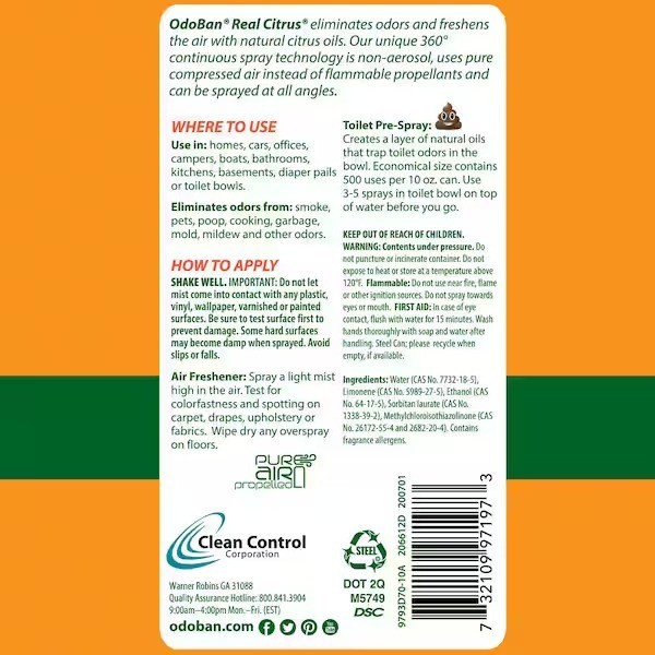 2-Pack OdoBan Real Citrus Orange Air Freshener 360 Continuous Spray, 10 Oz