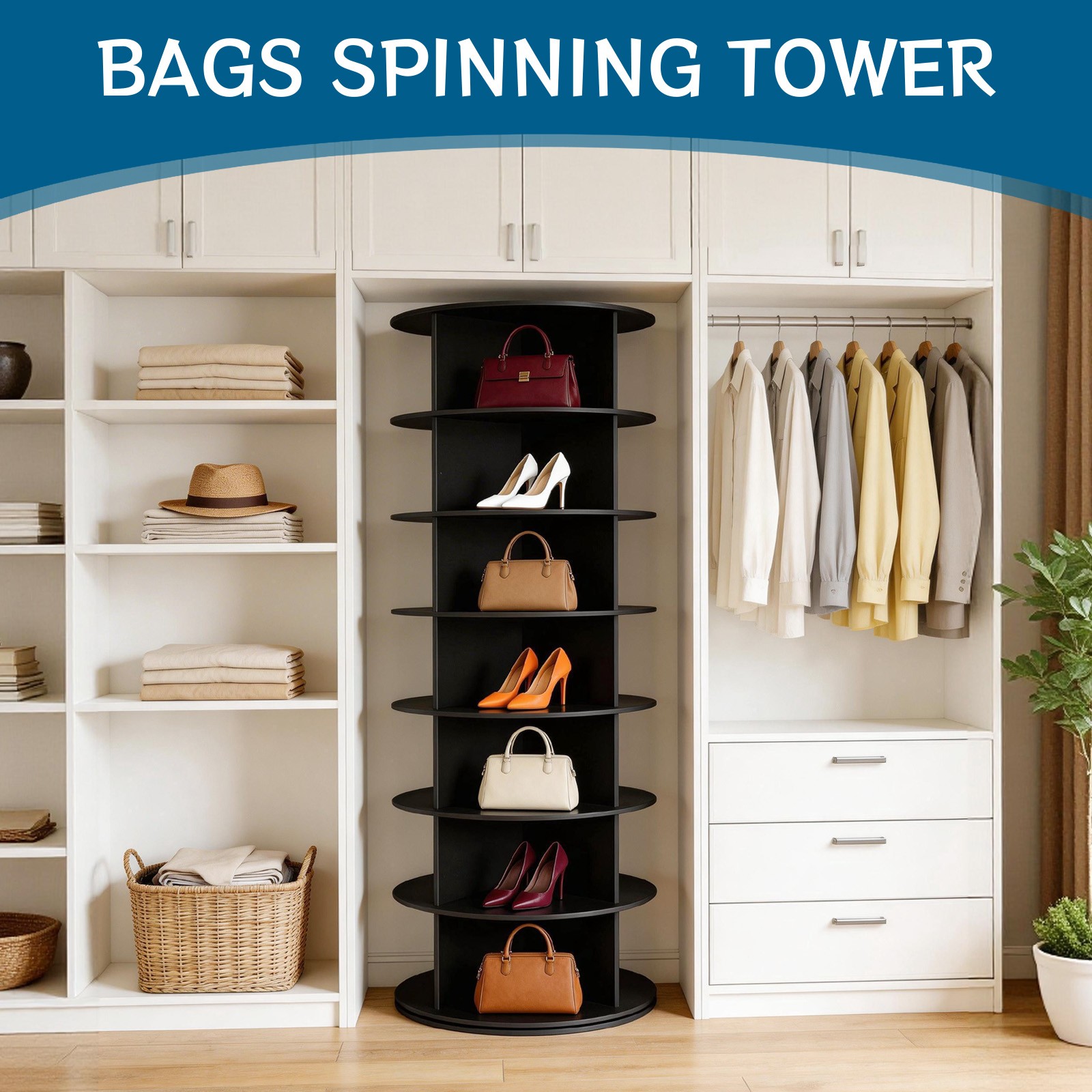 Rotating Shoe Rack Tower 7 Tier Organizer, Revolving 360 Black Shoe Rack Storage